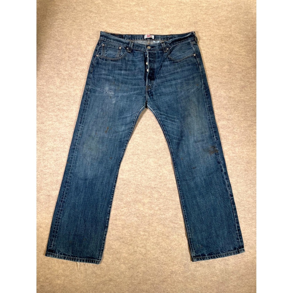 Levis 501 Original Fit Jeans Mens 38x32 Blue Cotton Logo Dark Wash Whisker Denim
